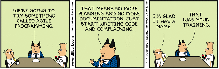 Cartoon von Dilbert zum Agile Thema (Agile Programmierung)