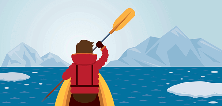 Illustration eiens Polarexpediteurs der mit seinem Kajak durch das Polarmeer paddelt, umringt von Eisbergen. Diese Möglichkeit der Illustration hatte Ernest Shackleton damals nicht bei seiner Stellenanzeige. Illustration eiens Polarexpediteurs der mit seinem Kajak durch das Polarmeer paddelt, umringt von Eisbergen. Diese Möglichkeit der Illustration hatte Ernest Shackleton damals nicht bei seiner Stellenanzeige.