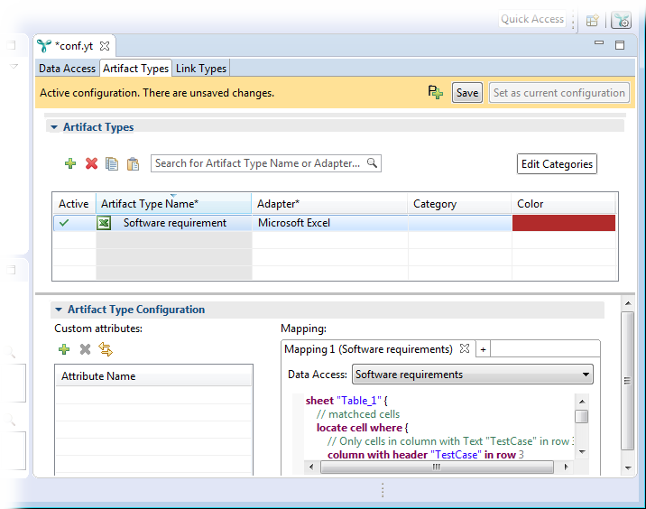 The configuration editor showing the newly-created artifact type