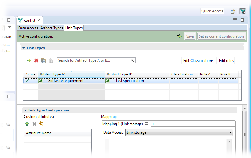 The new link type is shown in the configuration editor.