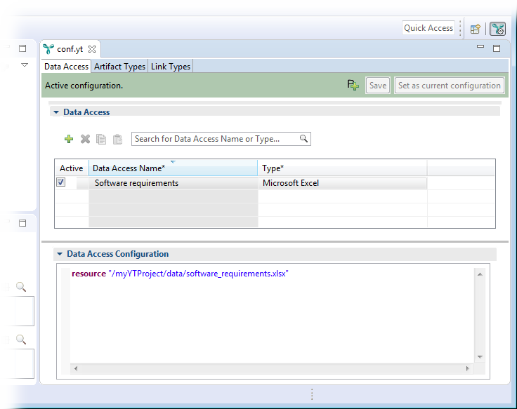 The configuration editor showing the saved and active configuration