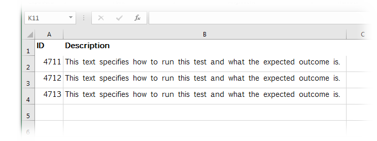Excel file with test specifications