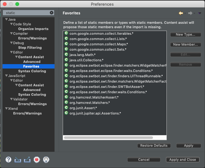 Xtext 2.17 Release: Static Member Favorites Preference Page