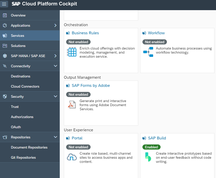 Aktivierung von SAP Build in der SAP Cloud Platform, zum Import eines Fiori Prototypen in die SAP Web IDE