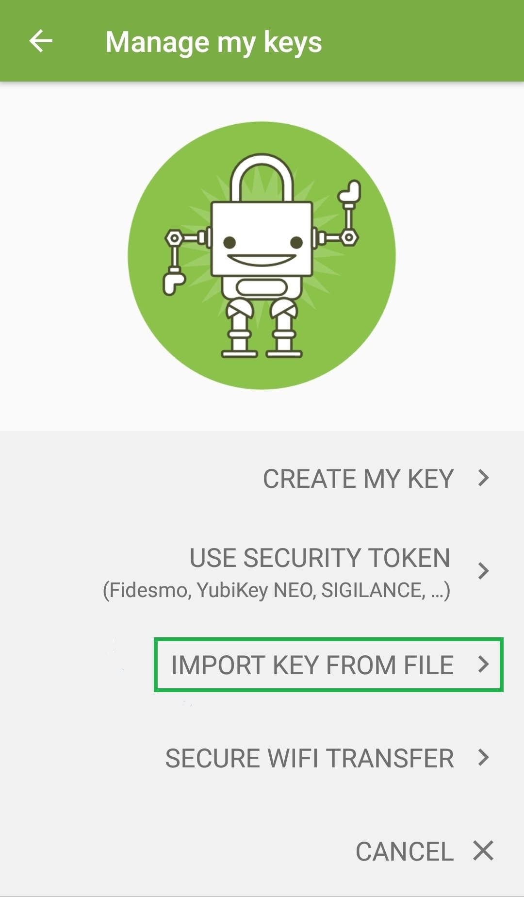OpenKeychain setup – import key from file option